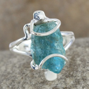 Natural Raw Aquamarine Birthstone Ring 925 <b>Sterling</b> <b>Silver</b> <b>Wire</b> Wrapped Rough Aquamarine Crystal Ring for Women - Product Image 2