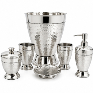 Silver Stainless Steel Hammered Bathroom Accessory Set 5 Piece Metal Bath Set With Soap Dispenser Lotion Pump <b>Toothbrush</b> <b>Holder</b> - Product Image 4