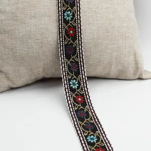 カスタム2 "ポリエステル薄い部族の花の刺繍リボントリム50mm幅の黒い民族のウェビングテープ衣類用