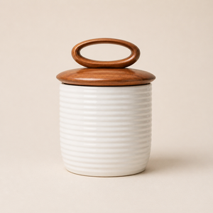 Sophisticated Ceramic Storage Canister Wooden Loop <b>Lid</b> Ribbed Texture Airtight Kitchen Jar Modern Countertop Accent <b>Decor</b> - Product Image 1