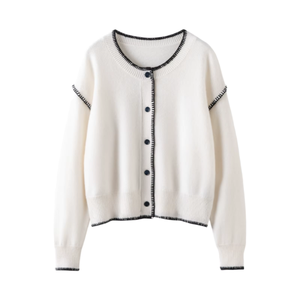 Women's Cream Knit <b>Cardigan</b> With Black Trim Button Front Full Sleeve Casual O-Neck Sweater Autumn Wear - Product Image 1