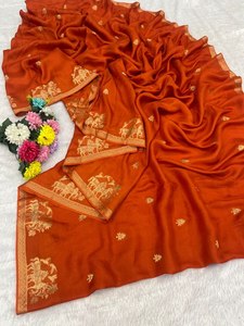 Reglance Soft Khadi Viscose Traditional Designer <b>Saree</b> Rich <b>Satin</b> Border Zari Woven Buttis Beautiful Panel Weaving Wrinkle-Free - Product Image 1