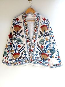 Hand Embroidered Floral Cotton <b>Jacket</b> Women's Prairie Chic Open Front V-Neck Full Sleeve Spring Wear Suzani Embroidered Cotton - Product Image 1