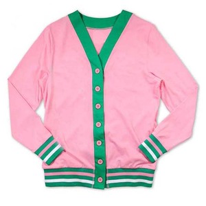 Cardigan tricoté rose pour femmes, col en V, manches longues, bordure verte contrastée, haut décontracté toutes saisons - Product Image 1