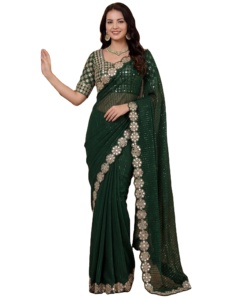 Sari de Fiesta en Faux Georgette con Lentejuelas y Bordado Codding, con Espejos Reales, Sari de Boda, Ropa Étnica Tradicional - Product Image 4