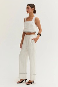 Women's <b>White</b> 100% Cotton Short Sleeve Collarless Solid Top Vintage Style Eco-Friendly Loose Fit <b>2</b> <b>Piece</b> Long Co-ord <b>Set</b> - Product Image 5