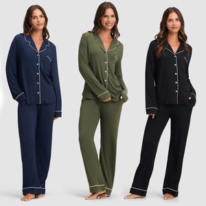 Ensemble de pyjama en modal à manches longues, couleur unie turquoise, col cranté, fermeture boutonnée, vente en gros, vêtements de nuit personnalisés pour femmes BD - Product Image 4