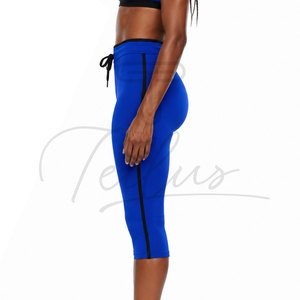 Leggings Capri Bleus Taille Haute avec Bande Latérale et Cordon de Serrage, Pantalon de Yoga Sans Couture Extensible dans les Quatre Sens, Couleur Unie, Tenue d'Entraînement - Product Image 3