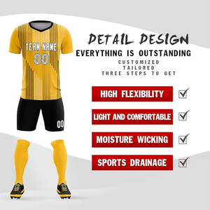 Maillot de football personnalisé pour homme, jaune et noir rayé, col en V, manches courtes, impression sublimée, évacuation de l'humidité, coupe athlétique - Product Image 3