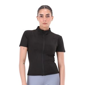 . Haut court noir ajusté à col montant et fermeture éclair sur le devant pour femme – T-shirt décontracté à col haut et coupe slim, style minimaliste - Product Image 1