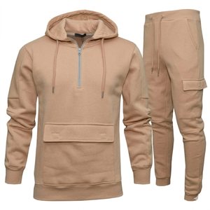 Ensemble de jogging décontracté pour homme, couleur unie beige, à capuche, manches longues, avec cordon de serrage et poches latérales - Product Image 1
