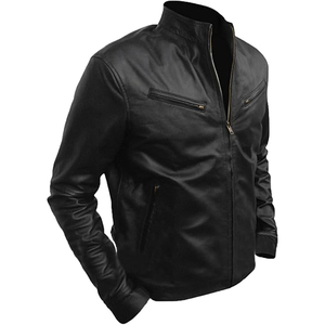 <b>Men</b> <b>Black</b> PU Leather Moto Jacket Stand Collar Zipper Closure Slim Fit Regular Length Solid Color Winter Wear - Product Image 4