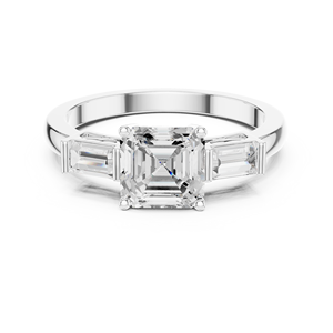 Anillo de alta calidad con tres diamantes de corte Asscher y esmeralda cultivados en laboratorio, certificado por GRA, en oro blanco de 14k. - Product Image 1