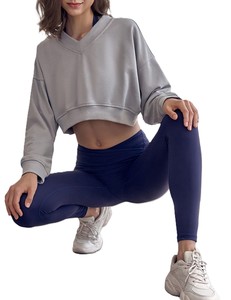 Sudadera Corta Gris para Mujer, con Hombros Caídos, Manga Larga, Color Sólido, Informal, de Invierno, Tejida, 100% Algodón, Transpirable, de Secado Rápido - Product Image 6