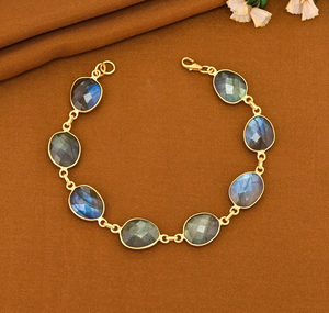 925 Silver 14K Gold Plated Chain Natural Labradorite <b>Gemstone</b> 10x11mm Uneven Bezel Setting Handmade <b>Bracelet</b> For Women's Jewelry - Product Image 1
