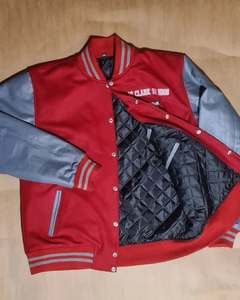 High Varsity <b>Jacket</b> Red Gray Nylon/Cotton Sleeve Embroidered Letter Pattern Stand Collar Men's Casual Winter <b>Jacket</b> - Product Image 3