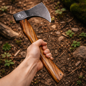 Hacha Vikinga Hecha a Mano de Grado Industrial con Cabeza de Acero de Damasco, Mango de Madera y Funda de Cuero para Uso de Supervivencia - Product Image 4