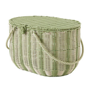 Pastel Green <b>Wicker</b> Picnic <b>Basket</b> Oval Handcrafted Rattan Food <b>Storage</b> Hamper Striped Pattern with Side Handles Outdoor Camping - Product Image 1