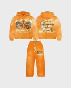 Red Orange <b>Tie</b> <b>Dye</b> Brand State Tracksuit <b>Set</b> | Oversized Skull Star Zip Hoodie & Jogger | Create Dope Shit Streetwear Matching - Product Image 2