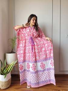 Robe maxi kaftan en coton imprimé brodé de fleurs, col en V, manches trois quarts, tenue décontractée d'été - Product Image 3