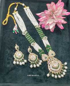 Collier long en zircon Kundan pour soirée, ensemble de bijoux en laiton imitation perle SKU-AN 402 CC - Product Image 1