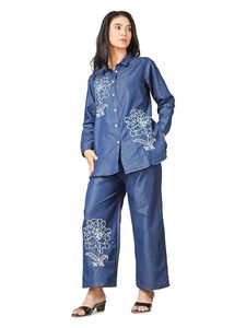 Ensemble décontracté en jean brodé pour femme, coupe régulière, sexy, été, 2 pièces, pantalon en coton fiable - Product Image 1