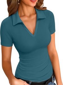 Polo de Punto de Manga Corta Color Naranja para Mujer, Cuello en V, Corte Regular, Color Sólido, Poliéster, Camiseta Polo Informal, ODM - Product Image 4