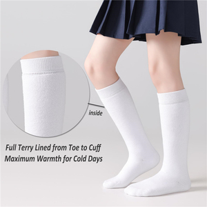 Chaussettes blanches pour filles, hauteur genou, entièrement doublées en tissu éponge, avec bordures côtelées, chaudes, pour uniforme scolaire - Product Image 1