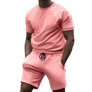 Custom Printed Casual Solid 2 Piece Men Summer Sports Shorts Set 100% Cotton Quick Dry Breathable Lightweight OEM - Product Image 1