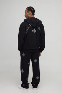 Men's Black Hooded Tracksuit Full Zipper Solid Color Casual Sweatshirt Pants Set 100% Cotton Midweight Autumn Wear - Product Image 6