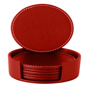 Red Leather <b>Coasters</b> <b>Set</b> of 6 – Premium PU Leather Drink Holders, Round Cup Mats with Holder - Product Image 1