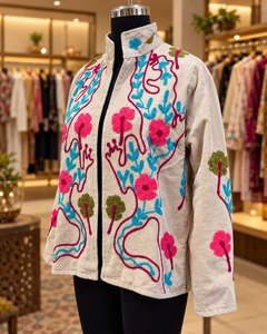 Beige <b>Velvet</b> Suzani Embroidered <b>Jacket</b> for <b>Women</b> Floral Threadwork Ethnic Open Front <b>Jacket</b> Designer Festive Winter Wear - Product Image 3