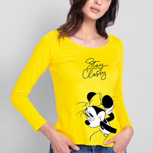 Women Yellow Long Sleeve <b>T</b>-<b>Shirt</b> <b>Minnie</b> <b>Mouse</b> Print Crew Neck Casual Slim Fit Solid Ruched Jersey Cotton Knitted - Product Image 3