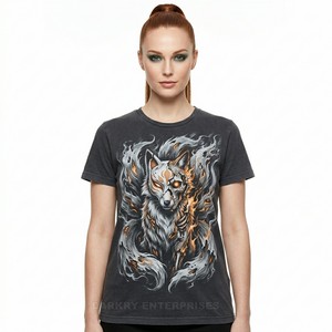 Camiseta de Mujer con Diseño de Calavera de Animal, Gráfico de Lobo de Fuego, Diseño de Criatura Mítica, Algodón de Alta Densidad, Estilo Vintage, Moda Urbana - Product Image 1