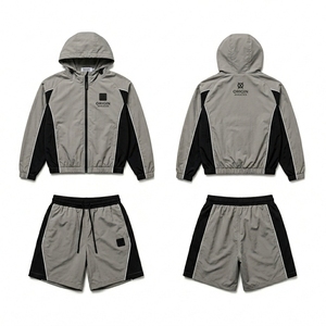 Unisex Lightweight Polyester/Nylon <b>Zip</b> Jacket Elastic Waist <b>Shorts</b> Set Waterproof Hooded Custom Logo Heat-Transfer Sportswear - Product Image 1