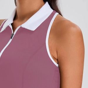 Polo sin mangas para mujer, color rosa con ribete negro, cremallera frontal, top deportivo informal - Product Image 3
