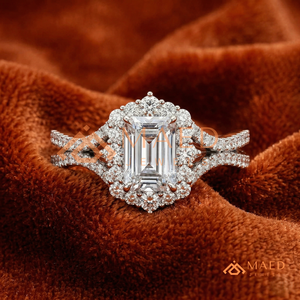 <b>Emerald</b> Cut Halo Diamond <b>Ring</b> in Sterling <b>Silver</b> Premium Split Shank Halo <b>Ring</b> in <b>Silver</b> with Diamond - Product Image 2