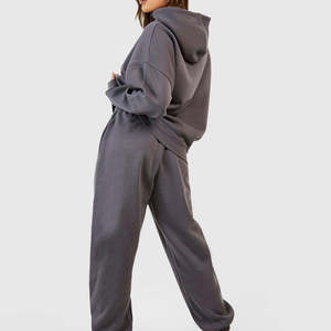 Conjunto de dos piezas de chándal de algodón grueso para mujer: sudadera con capucha de hombros caídos y pantalones de chándal de pierna recta - Product Image 2