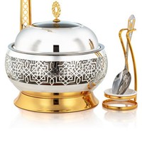 Chauffe-plat ovale de luxe moderne plaqué or avec couvercle suspendu et cuillère de service, en acier inoxydable, écologique et durable, pour mariage