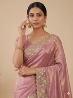 Sari de créateur en soie avec broderie de sequins et de zari et travail de codage, avec blouse non cousue, rose pâle 84550