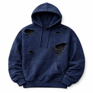 Sweat à capuche surdimensionné personnalisé pour l'hiver, effet vieilli, délavé, déchiré, avec logo personnalisé, 100% coton molletonné, service OEM/ODM - Product Image 2
