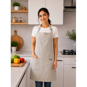 Tablier en lin de qualité supérieure |   Tablier en lin beige naturel avec poche avant et détail anneau en D métallique |   Tablier de cuisine réglable - Product Image 1