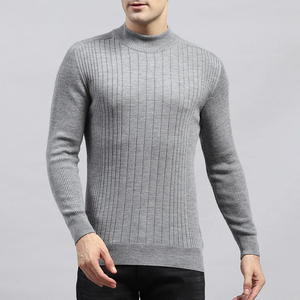 Pull en laine côtelé gris pour homme, col montant, manches longues, tricoté, couleur unie, coupe standard, hiver - Product Image 1