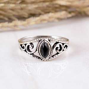 Vintage Victorian Style Black Obsidian Bezel Set Marquise <b>Solitaire</b> <b>Ring</b> Antique Finish 925 <b>Silver</b> Boho Chic Ethnic Artisan - Product Image 1