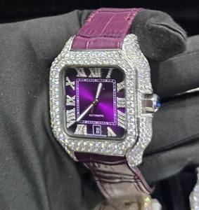 Reloj de Lujo para Mujer, Estilo Elegante, Totalmente Cubierto de Diamantes y Correa de Cuero de Cocodrilo Morado, Alta Calidad, Automático, con Moissanita Real - Product Image 2