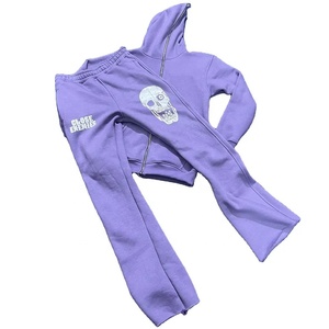 100% coton Streetwear survêtement complet pour hommes survêtements surdimensionnés avec pantalon de survêtement évasé à capuche unisexe motif imprimé décontracté - Product Image 3