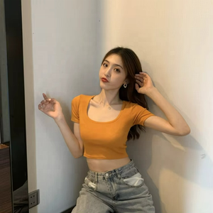 เสื้อครอปแขนสั้นสไตล์เกาหลีสำหรับผู้หญิง ลายสก็อต ผ้าถักเป็นมิตรต่อสิ่งแวดล้อม ขายส่งช่วงซัมเมอร์ - Product Image 1