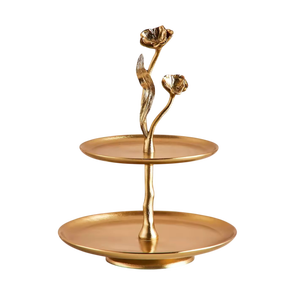 Golden Two <b>Tier</b> <b>Cake</b> <b>Stand</b> With Floral Design Metal Dessert Display Tray For Party Cupcake Serving Decor - Product Image 1