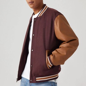 Men's <b>Burgundy</b> Varsity <b>Jacket</b> with Tan PU <b>Leather</b> Sleeves Turn-down Collar Zipper Closure Front Logo Knitted Casual Autumn Wear - Product Image 4