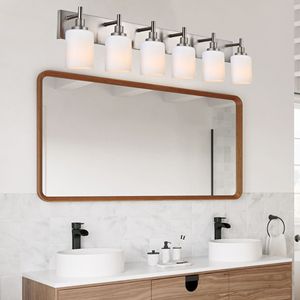 Applique murale moderne à 6 lumières pour salle de bain, avec abat-jour en verre blanc laiteux, idéale pour cuisine - Product Image 1